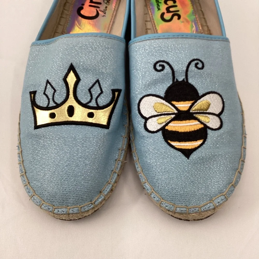 Sam Edelman Circus Light Blue Espadrille Flats with Bee & Gold Crown